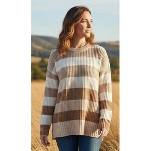 Striped Sweater S Long Sleeve Beige Brown Cream‎ Earthy Neutral Country Cowgirl